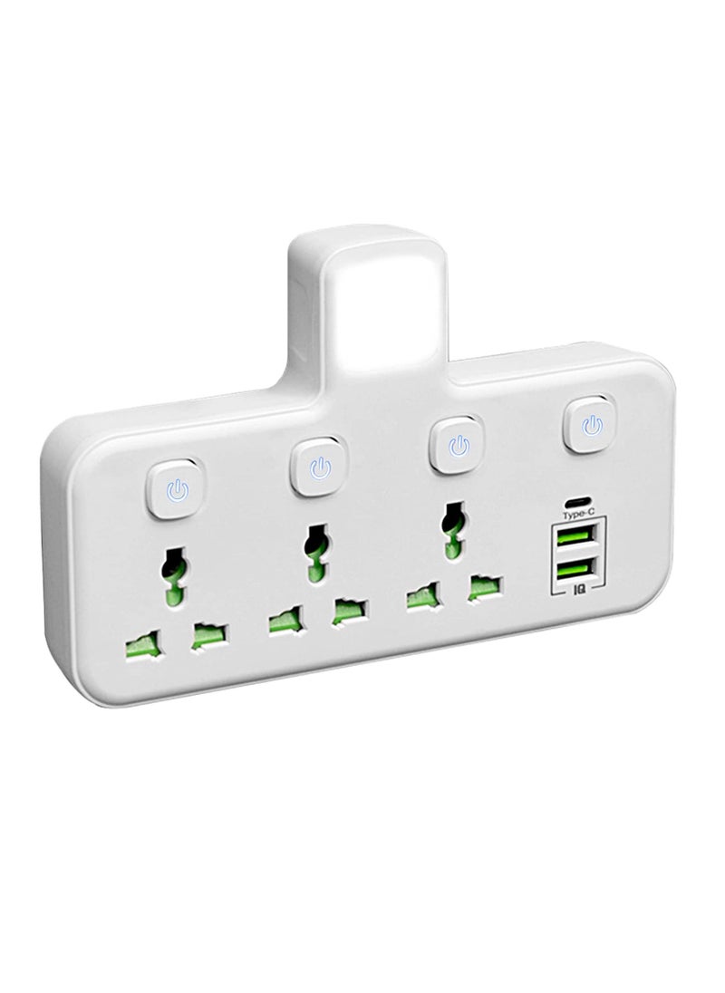 Necomi Multi-Plug Extension Receptacle, 3-Way Power Outlet Extender with 2 USB-A and 1 USB-C (Quick Charge Ports) Wall Charger, Universal Plug Adapter for Home, Office, Kitchen Charging Stations, Individually Switched  - Image 1