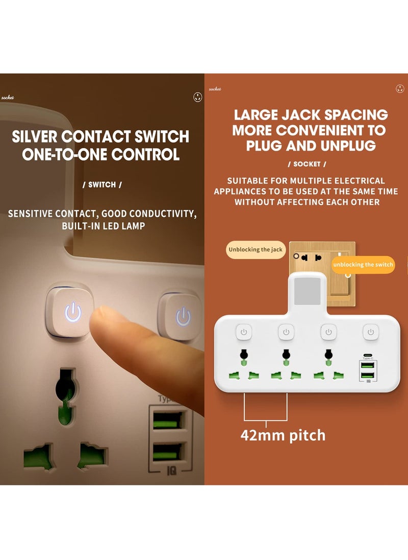 Necomi Multi-Plug Extension Receptacle, 3-Way Power Outlet Extender with 2 USB-A and 1 USB-C (Quick Charge Ports) Wall Charger, Universal Plug Adapter for Home, Office, Kitchen Charging Stations, Individually Switched  - Image 3
