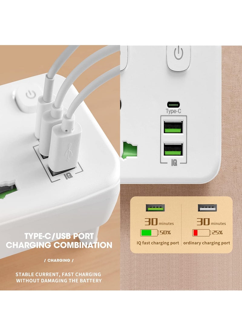 Necomi Multi-Plug Extension Receptacle, 3-Way Power Outlet Extender with 2 USB-A and 1 USB-C (Quick Charge Ports) Wall Charger, Universal Plug Adapter for Home, Office, Kitchen Charging Stations, Individually Switched  - Image 5