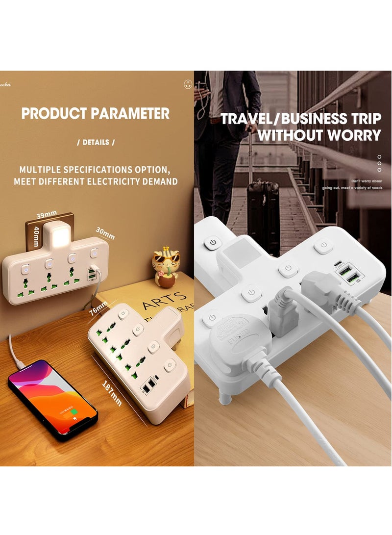 Multi-Plug Extension Receptacle, 3-Way Power Outlet Extender with 2 USB-A and 1 USB-C (Quick Charge Ports) Wall Charger, Universal Plug Adapter for Home, Office, Kitchen Charging Stations, Individually Switched