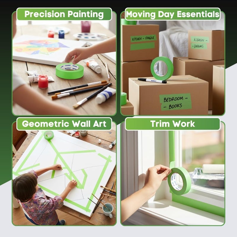 MARKQ شريط لاصق 1 بوصة × 20 ياردة - شريط طلاء أخضر للرسم، الحرف، التسمية، مشاريع DIY وتحسين المنزل - سهل الإزالة، لاصق قوي، بدون بقايا (9 عبوات) - Image 5
