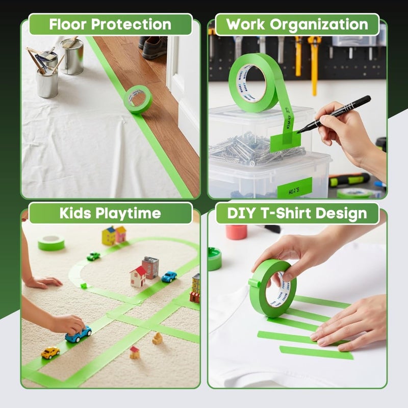 MARKQ شريط لاصق 1 بوصة × 20 ياردة - شريط طلاء أخضر للرسم، الحرف، التسمية، مشاريع DIY وتحسين المنزل - سهل الإزالة، لاصق قوي، بدون بقايا (9 عبوات) - Image 4
