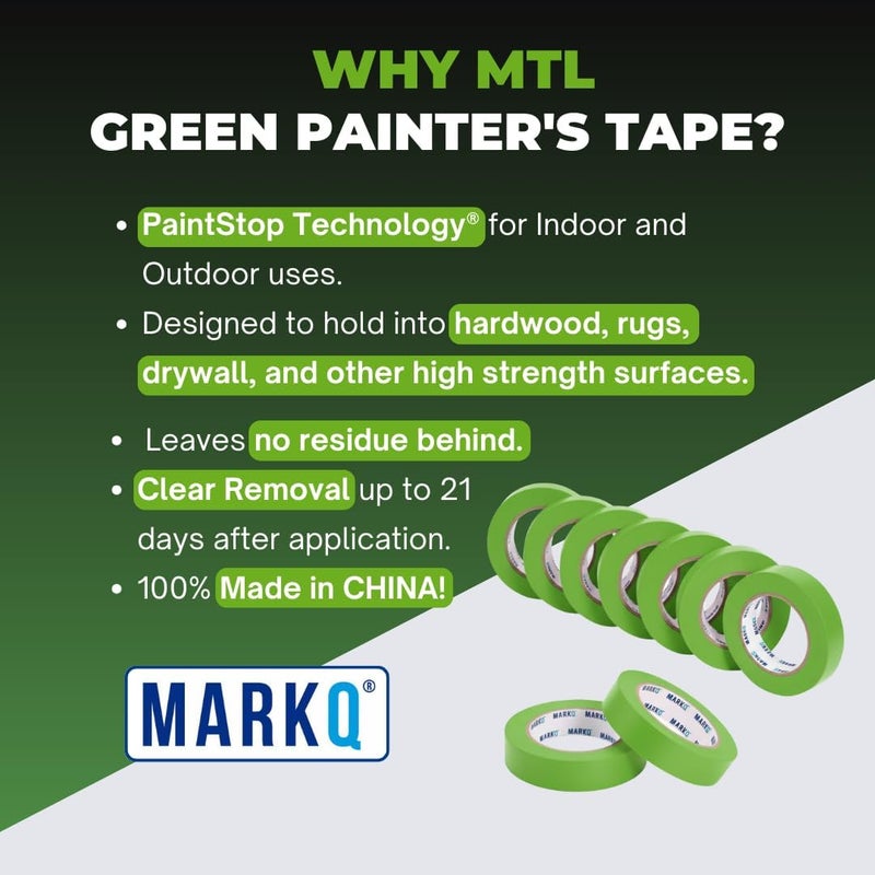 MARKQ شريط لاصق 1 بوصة × 20 ياردة - شريط طلاء أخضر للرسم، الحرف، التسمية، مشاريع DIY وتحسين المنزل - سهل الإزالة، لاصق قوي، بدون بقايا (9 عبوات) - Image 2