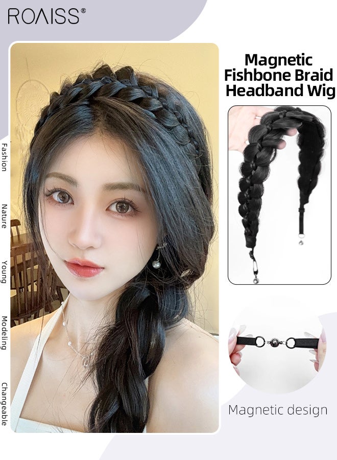 رويس باروكة شعر أنيقة للنساء بتصميم ضفيرة مغناطيسية على شكل عظم السمكة، باروكة شعر مضفرة ناعمة غير مرئية مصنوعة يدويًا، باروكة شعر بتصميم فيلكرو عالي التاج، لون أسود طبيعي - Image 1