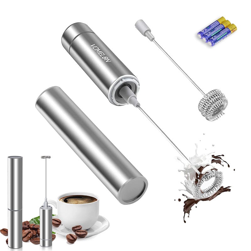 Vomelon Milk Frother Handheld Battery Operated Travel Coffee Frother Milk Foamer Drink Mixer with 2 Stainless Steel Whisks for Hot Chocolate Batteries Included Silver 