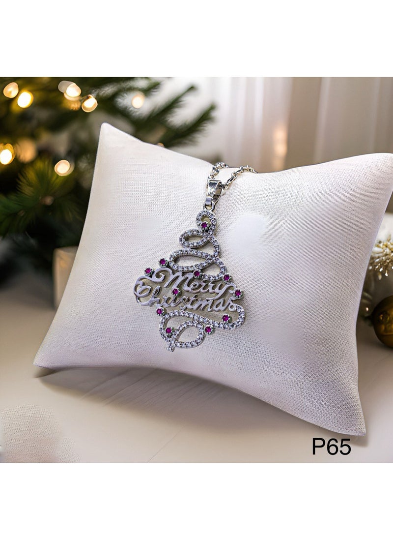 3Diamonds 3DIAMONDS Platinum-Plated “Merry Christmas” Pendant Necklace – Crystal Christmas Tree Design 
