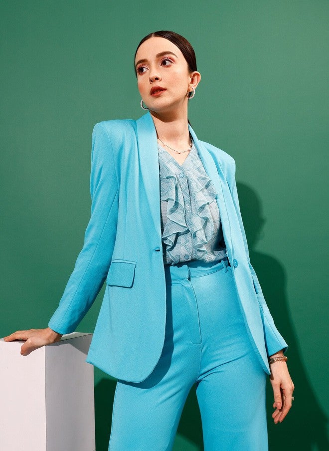 STREET 9 Turquoise Blue Slim-Fit Formal Blazer for Women - Image 1