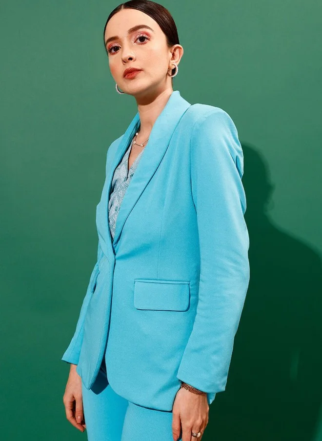 STREET 9 Turquoise Blue Slim-Fit Formal Blazer for Women