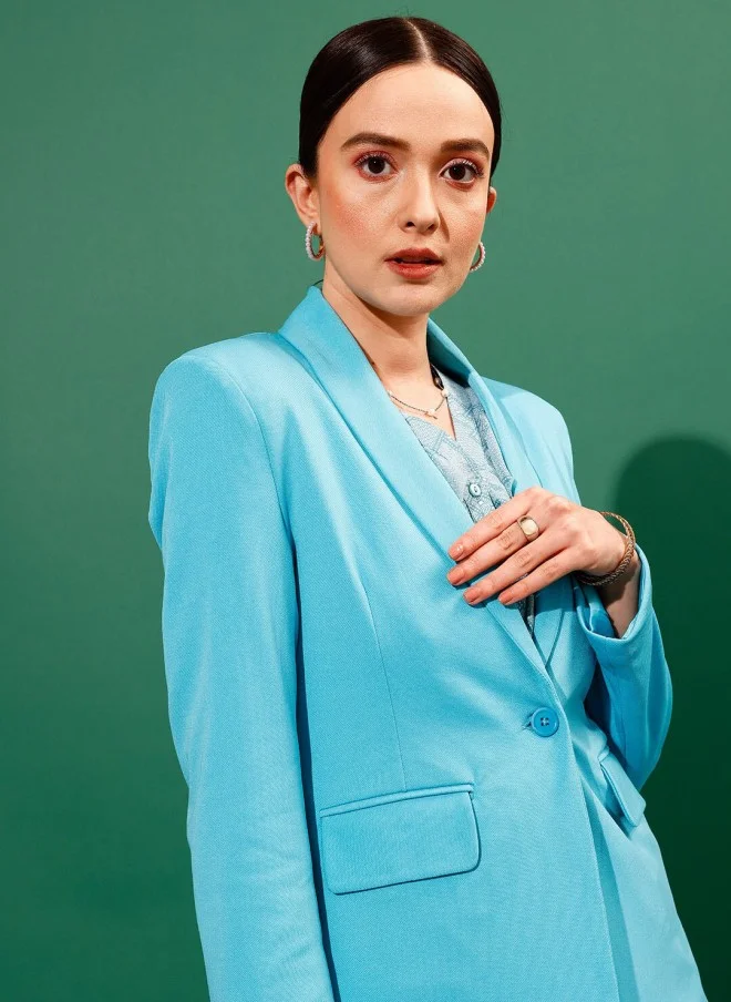 STREET 9 Turquoise Blue Slim-Fit Formal Blazer for Women