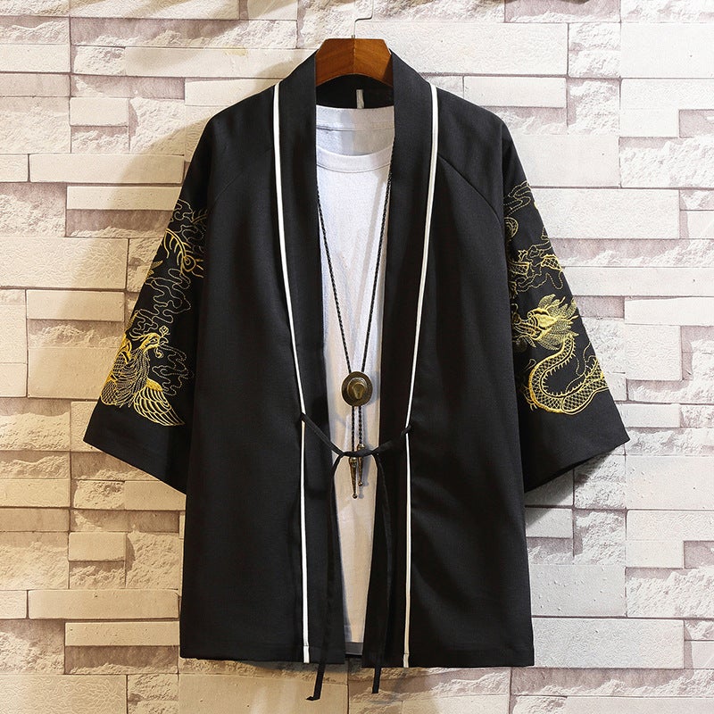 2024 Chinese Style Shirt Mens Loose Cardigan Robe Japanese Style Crane Embroidered Seven-Sleeve Hanfu Thin Coat 206 Black 