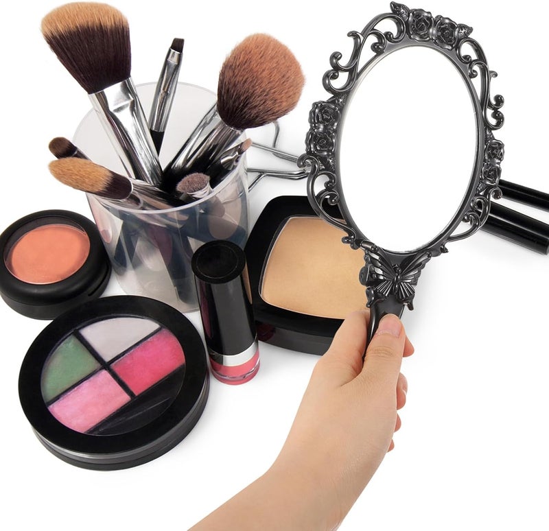 Vintage Foldable Handheld Mirror Rose Flower Pattern, Lightweight Portable Makeup Mirror for Travel and Home, Black Circle - Image 5