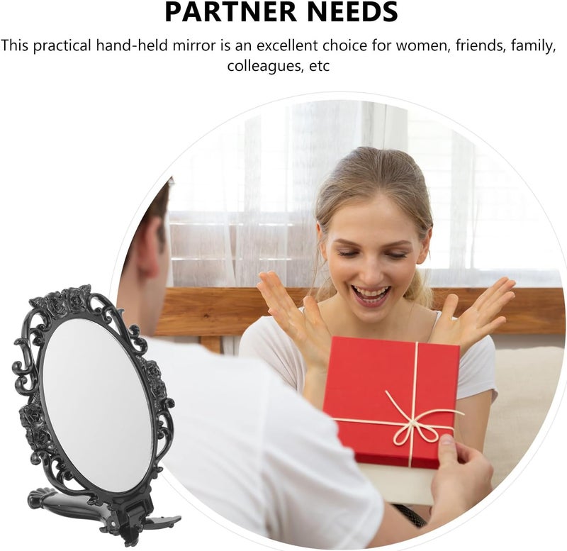 Vintage Foldable Handheld Mirror Rose Flower Pattern, Lightweight Portable Makeup Mirror for Travel and Home, Black Circle - Image 4