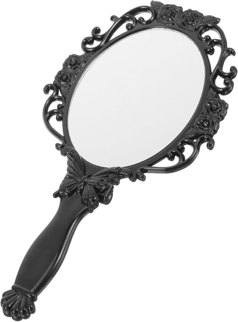 Vintage Foldable Handheld Mirror Rose Flower Pattern, Lightweight Portable Makeup Mirror for Travel and Home, Black Circle - Image 1