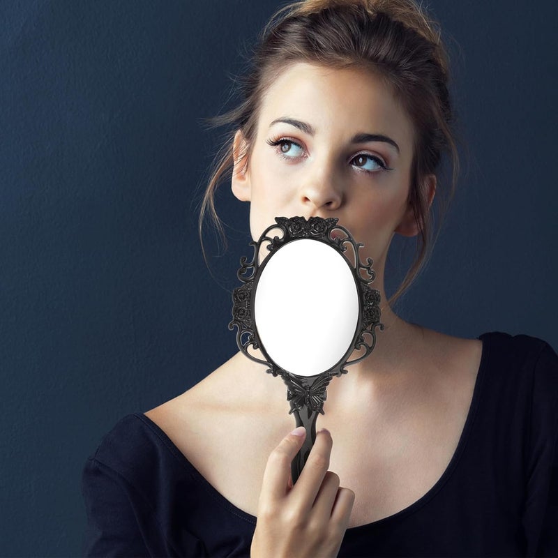 Vintage Foldable Handheld Mirror Rose Flower Pattern, Lightweight Portable Makeup Mirror for Travel and Home, Black Circle - Image 2