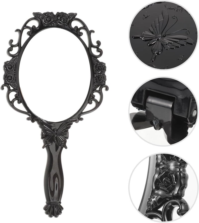 Vintage Foldable Handheld Mirror Rose Flower Pattern, Lightweight Portable Makeup Mirror for Travel and Home, Black Circle - Image 3