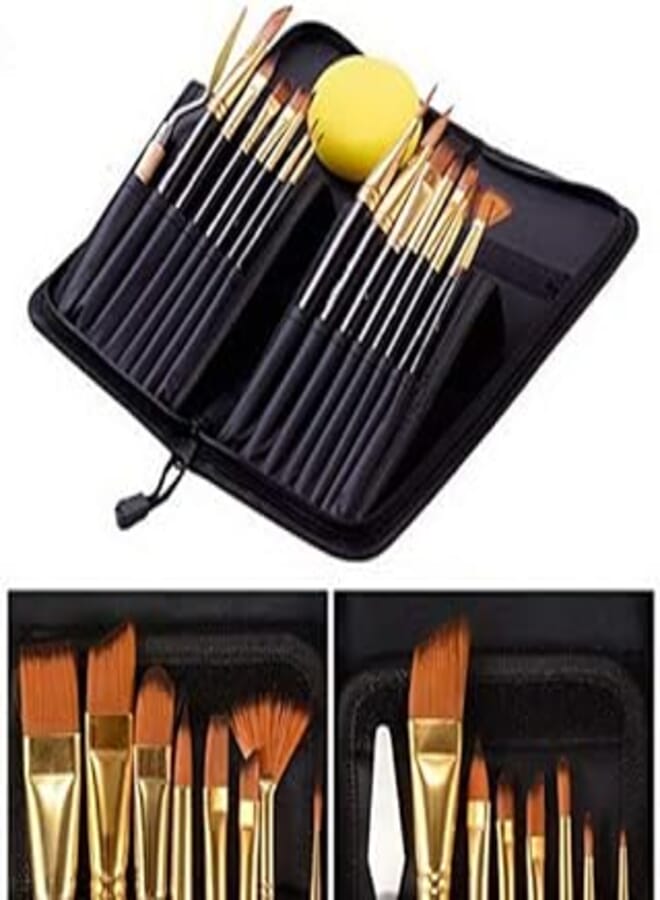 GOLD LEAF 15 Pcs Paint Brush Set Includes Pop-up Carrying Case with Palette Knife and 15 Sponge for Acrylic, Oil, Watercolor and Gouache Painting