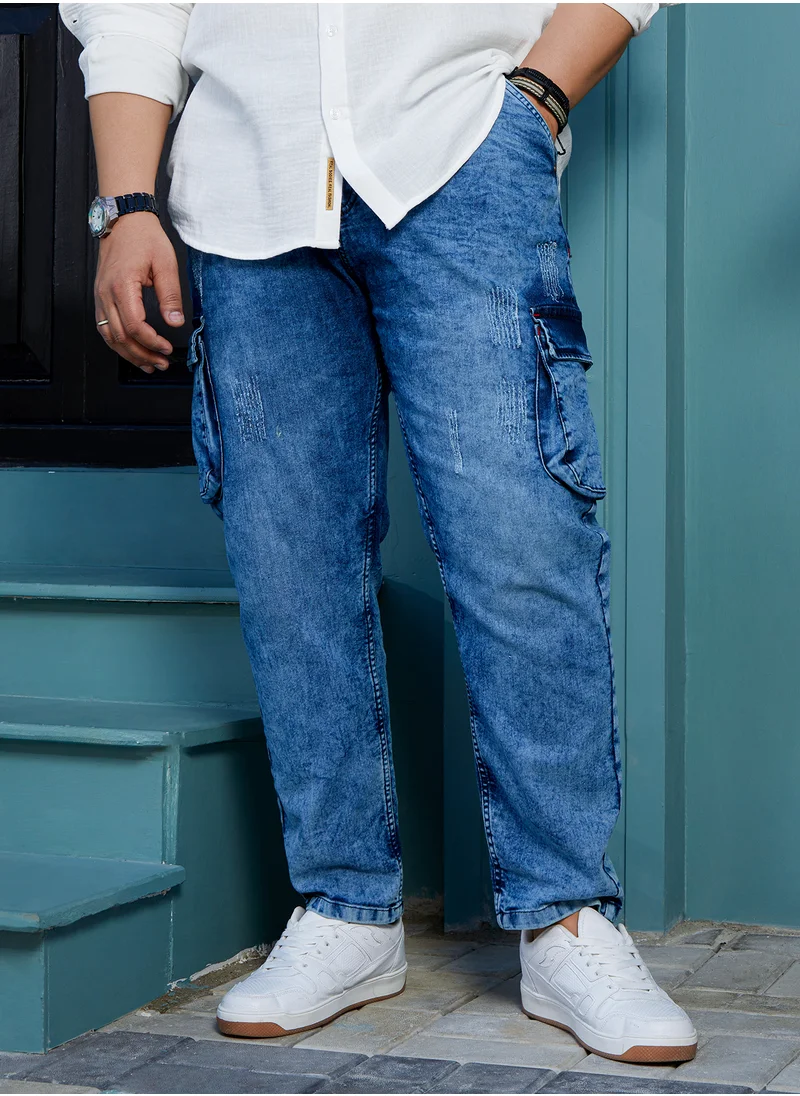 انستافاب بلس Instafab Plus Men's Indigo Blue Cargo Denim Jeans For Casual Wear | Mid-Rise | Regular Fit | Button Closure | Plus Size Denim Jeans Crafted With Comfort Fit For Everyday Wear