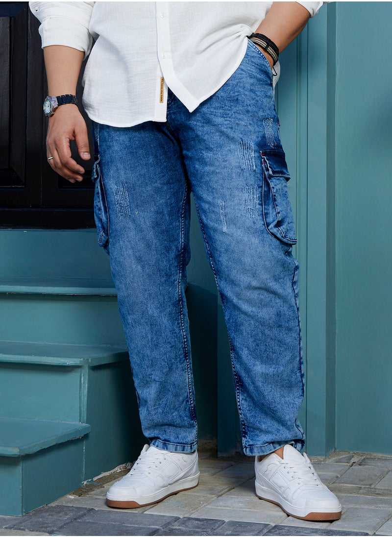 Instafab Plus Instafab Plus Men's Indigo Blue Cargo Denim Jeans For Casual Wear | Mid-Rise | Regular Fit | Button Closure | Plus Size Denim Jeans Crafted With Comfort Fit For Everyday Wear  - Image 2