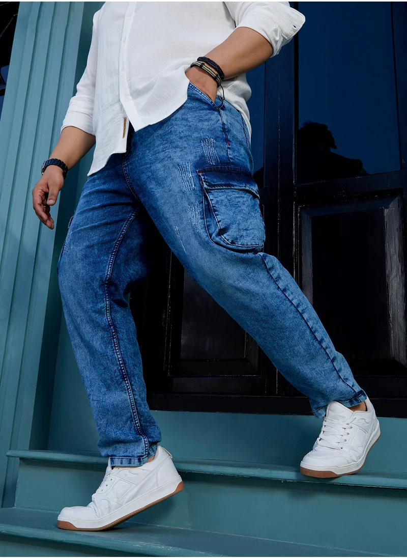 انستافاب بلس Instafab Plus Men's Indigo Blue Cargo Denim Jeans For Casual Wear | Mid-Rise | Regular Fit | Button Closure | Plus Size Denim Jeans Crafted With Comfort Fit For Everyday Wear