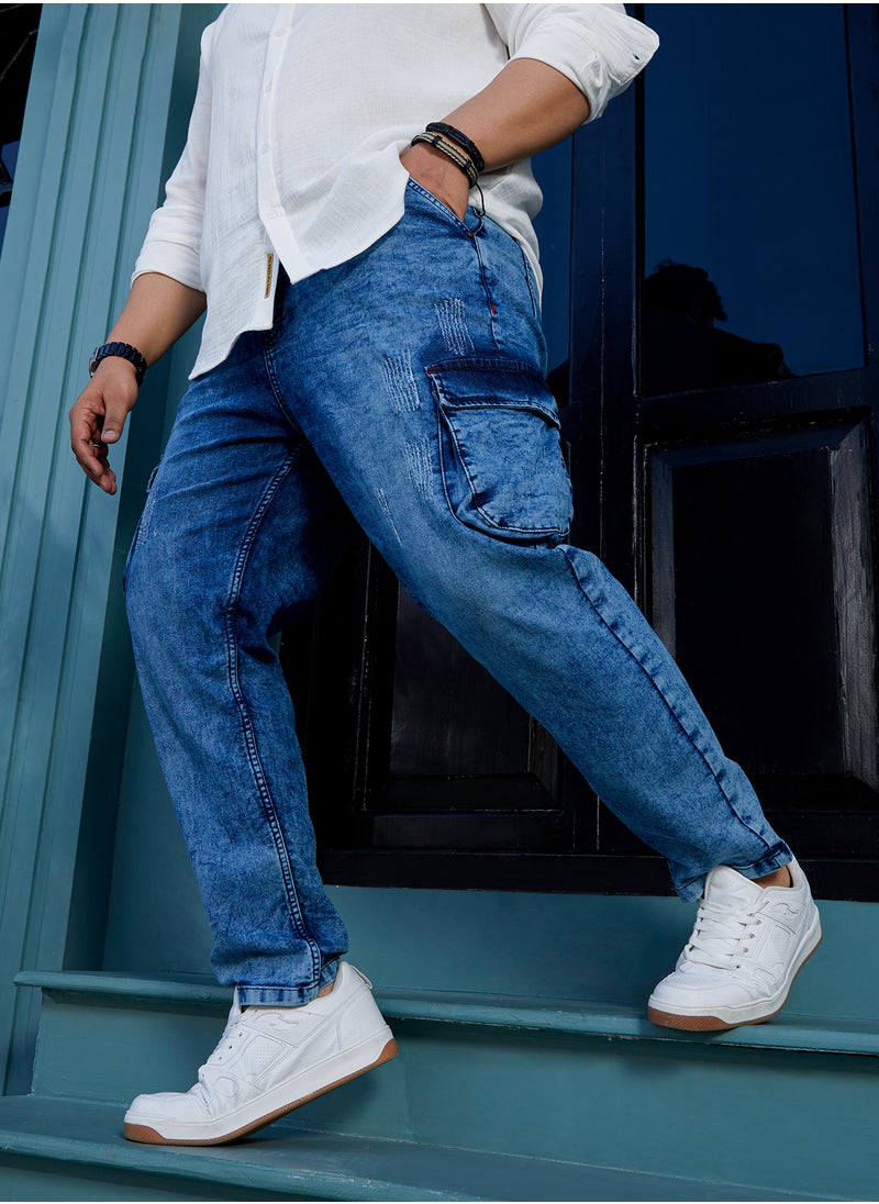 Instafab Plus Instafab Plus Men's Indigo Blue Cargo Denim Jeans For Casual Wear | Mid-Rise | Regular Fit | Button Closure | Plus Size Denim Jeans Crafted With Comfort Fit For Everyday Wear  - Image 1
