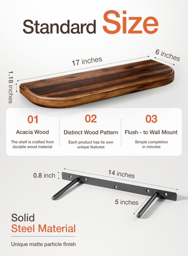 BATODA Set of 2 17" Acacia Wood Floating Shelves Wall Mounted (Round Edge) - Wooden Decorative Wall Bookshelf - Storage Shelf Organizer for Home - Black Brackets and Shelving Mounting Included(Walnut) - Image 2