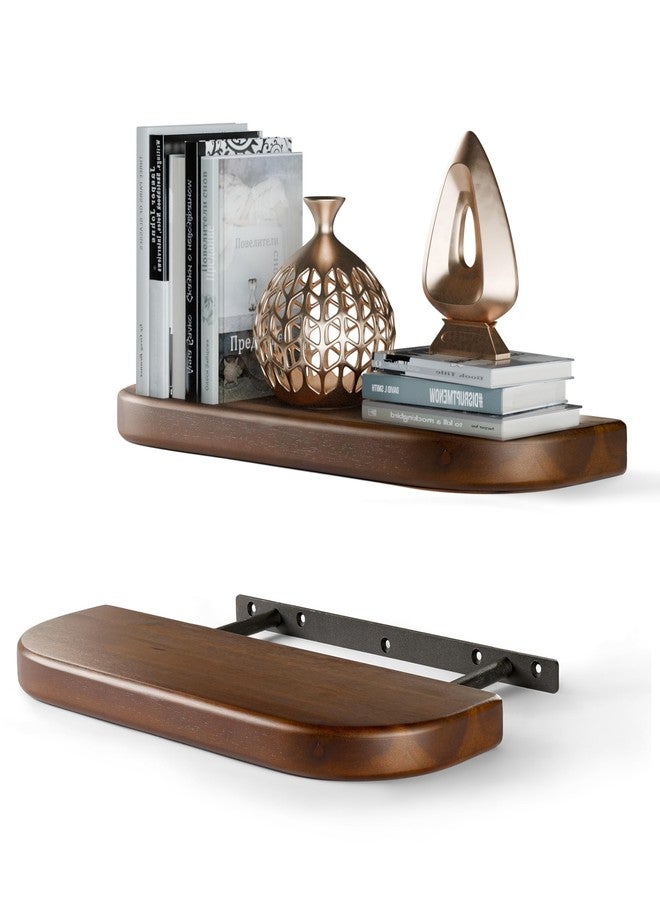 BATODA Set of 2 17" Acacia Wood Floating Shelves Wall Mounted (Round Edge) - Wooden Decorative Wall Bookshelf - Storage Shelf Organizer for Home - Black Brackets and Shelving Mounting Included(Walnut) - Image 1