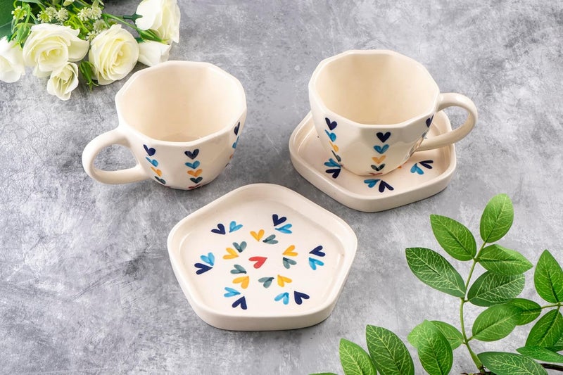 PEARL CRAFT Multicolor Heart Theme Premium Ceramic Cups and Saucers Set of 2 for Coffee Cups Cappuccino Cups Latte Cups Espresso Cups Tea Cups Microwave and Dishwasher Safe Sturdy 300ml10oz - Image 3