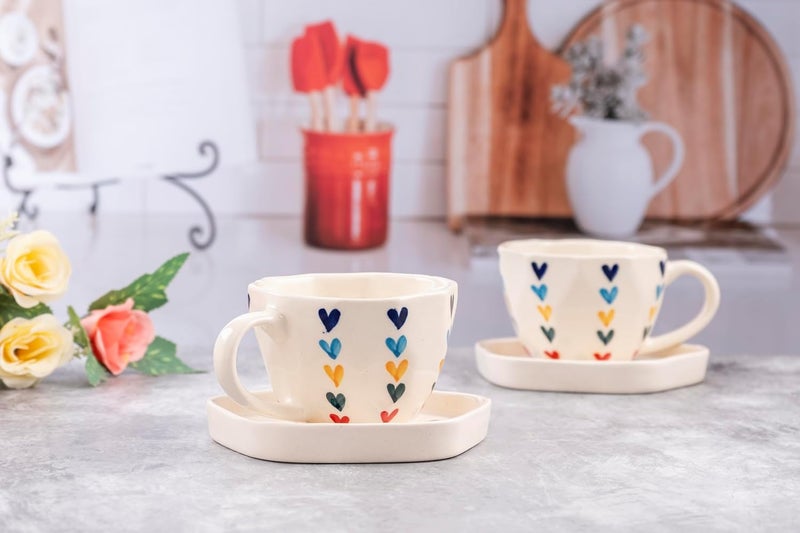 PEARL CRAFT Multicolor Heart Theme Premium Ceramic Cups and Saucers Set of 2 for Coffee Cups Cappuccino Cups Latte Cups Espresso Cups Tea Cups Microwave and Dishwasher Safe Sturdy 300ml10oz - Image 1