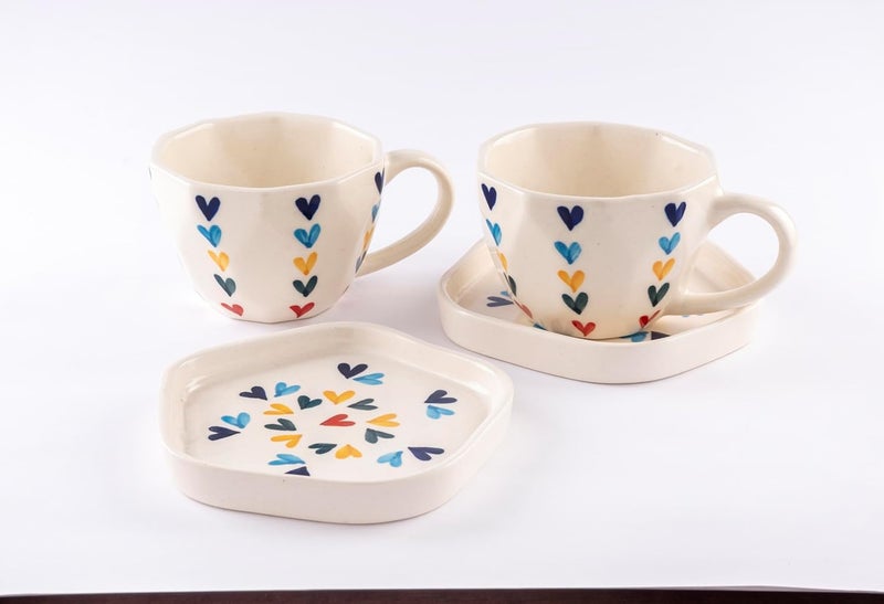 PEARL CRAFT Multicolor Heart Theme Premium Ceramic Cups and Saucers Set of 2 for Coffee Cups Cappuccino Cups Latte Cups Espresso Cups Tea Cups Microwave and Dishwasher Safe Sturdy 300ml10oz - Image 5