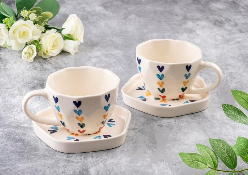 PEARL CRAFT Multicolor Heart Theme Premium Ceramic Cups and Saucers Set of 2 for Coffee Cups Cappuccino Cups Latte Cups Espresso Cups Tea Cups Microwave and Dishwasher Safe Sturdy 300ml10oz - Image 2