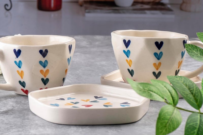 PEARL CRAFT Multicolor Heart Theme Premium Ceramic Cups and Saucers Set of 2 for Coffee Cups Cappuccino Cups Latte Cups Espresso Cups Tea Cups Microwave and Dishwasher Safe Sturdy 300ml10oz - Image 4