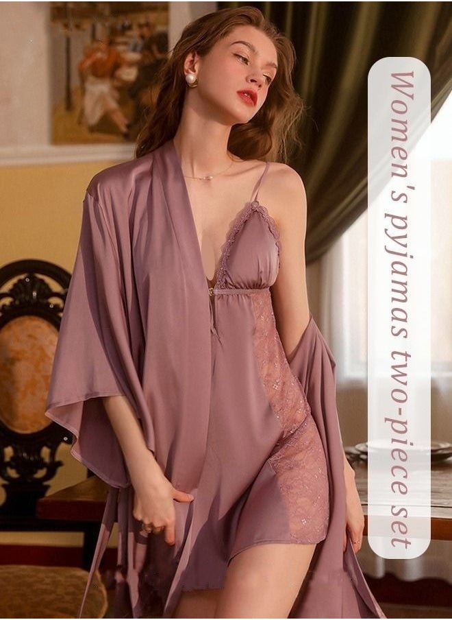 Generic - 2 Piece Nightgown Set Women's Sweet Halter Nightdress Lace Lingerie Sleepwear Home Dress Set Romantic Elegant Pajamas Ladies Spring Autumn Robe Loungewear - Image 1
