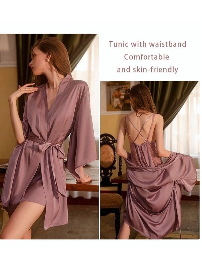 Generic - 2 Piece Nightgown Set Women's Sweet Halter Nightdress Lace Lingerie Sleepwear Home Dress Set Romantic Elegant Pajamas Ladies Spring Autumn Robe Loungewear - Image 1