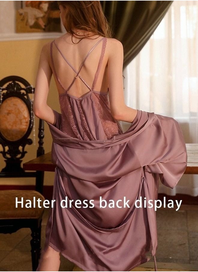 Generic - 2 Piece Nightgown Set Women's Sweet Halter Nightdress Lace Lingerie Sleepwear Home Dress Set Romantic Elegant Pajamas Ladies Spring Autumn Robe Loungewear - Image 1
