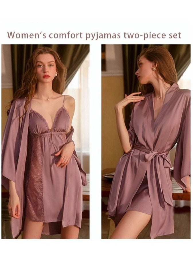 Generic - 2 Piece Nightgown Set Women's Sweet Halter Nightdress Lace Lingerie Sleepwear Home Dress Set Romantic Elegant Pajamas Ladies Spring Autumn Robe Loungewear - Image 1