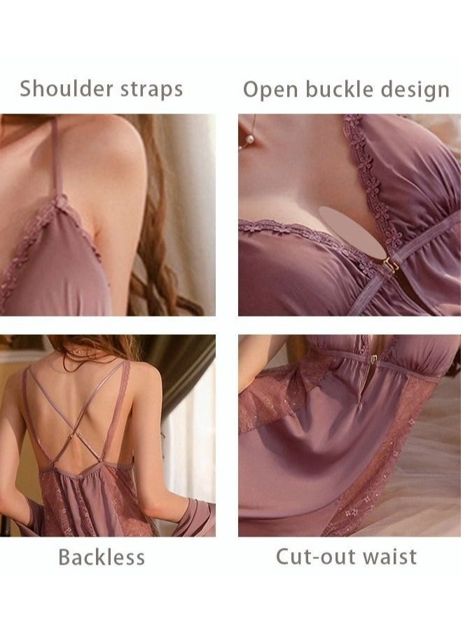 Generic - 2 Piece Nightgown Set Women's Sweet Halter Nightdress Lace Lingerie Sleepwear Home Dress Set Romantic Elegant Pajamas Ladies Spring Autumn Robe Loungewear - Image 1