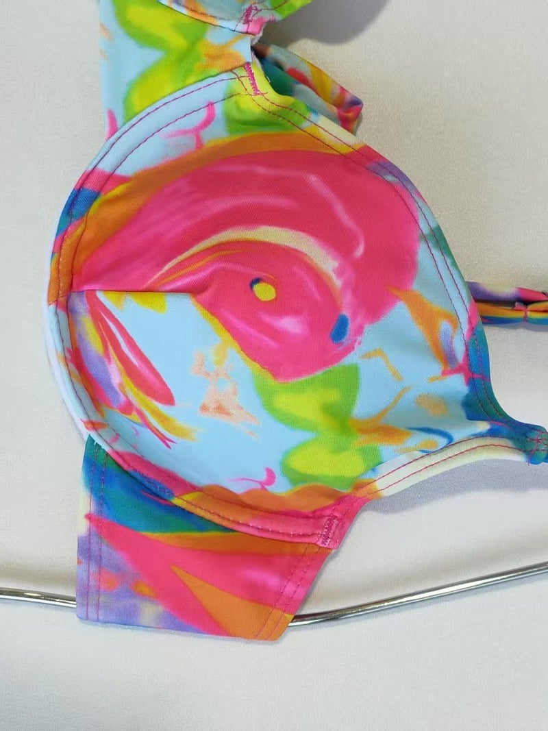 Explosive High-End Swimsuit Women Tie-Dye Lace-Up Bikini Top, Round Neck Cross Shoulder Swimming Top Bra - Image 4