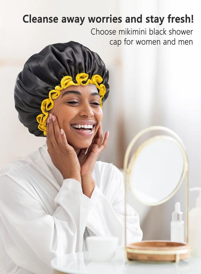 mikimini Extra Large Black Shower Caps Pack of 2 for Women and Men Thick Long Hair Braids, Reusable Waterproof Double Layers XL Bathing Hair Cap with Vibrant Yellow Edge (Black) - Image 5