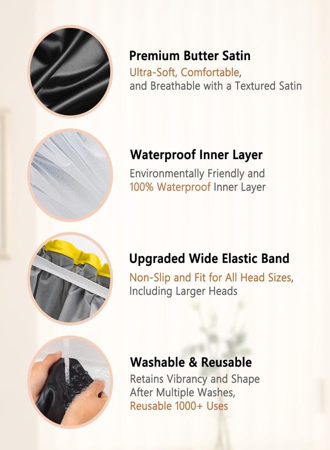 mikimini Extra Large Black Shower Caps Pack of 2 for Women and Men Thick Long Hair Braids, Reusable Waterproof Double Layers XL Bathing Hair Cap with Vibrant Yellow Edge (Black) - Image 4