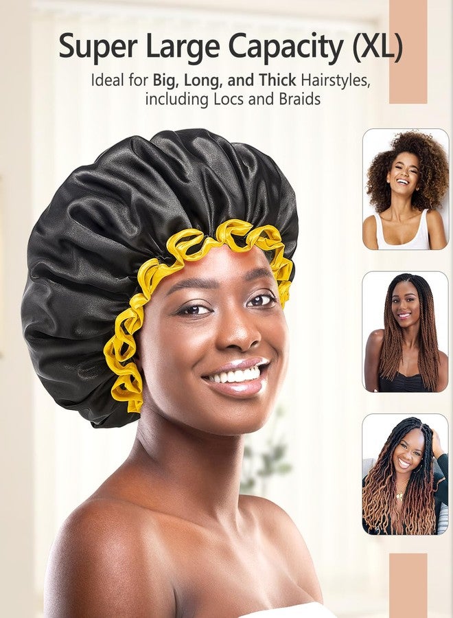 mikimini Extra Large Black Shower Caps Pack of 2 for Women and Men Thick Long Hair Braids, Reusable Waterproof Double Layers XL Bathing Hair Cap with Vibrant Yellow Edge (Black) - Image 2