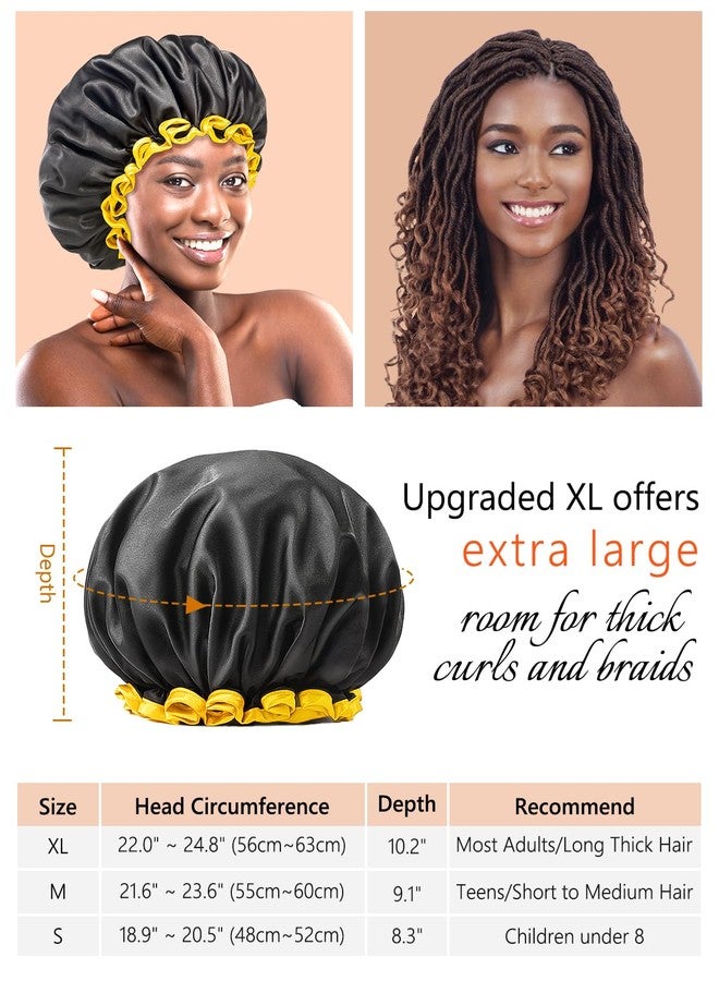 mikimini Extra Large Black Shower Caps Pack of 2 for Women and Men Thick Long Hair Braids, Reusable Waterproof Double Layers XL Bathing Hair Cap with Vibrant Yellow Edge (Black) - Image 3