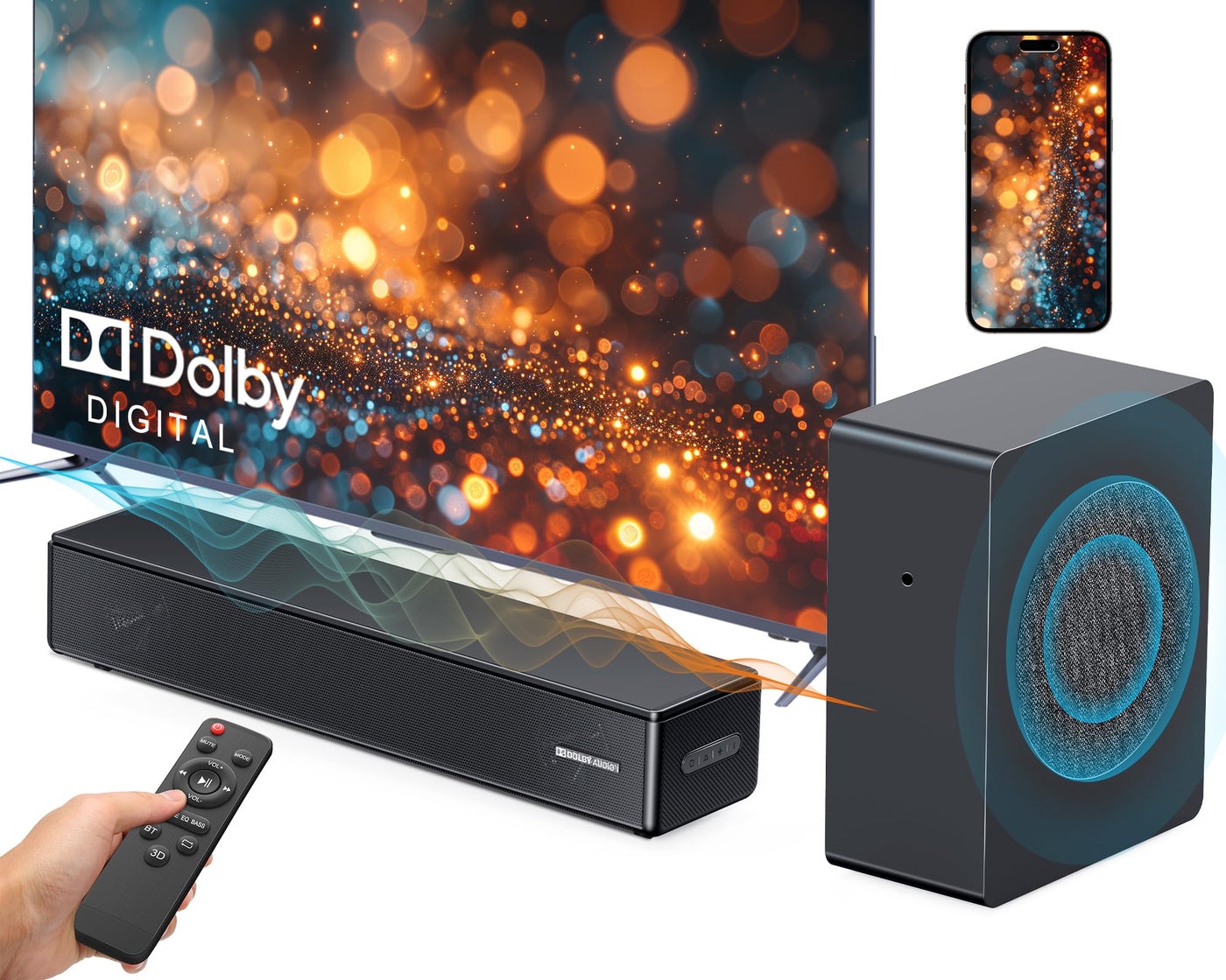 GEOYEAO 2.1 ch Soundbar with subwoofer, Dolby Digital 100W Sound Bars TV Speaker Home Theater Audio Surround Sound System, HDMI eARC/Bluetooth/DSP/Remote Control External Speakers for Smart TVs