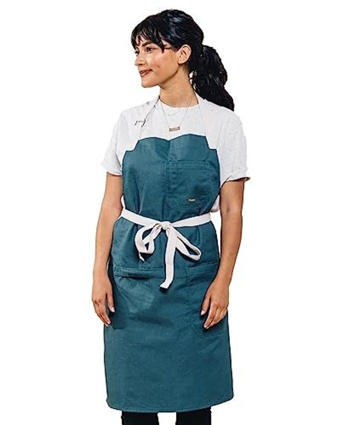 Caldo Daily Cotton Kitchen Apron for Cooking- Mens and Womens Professional Chef or Server Bib Apron - Adjustable Straps with Pockets and Towel Loop (Spruce)