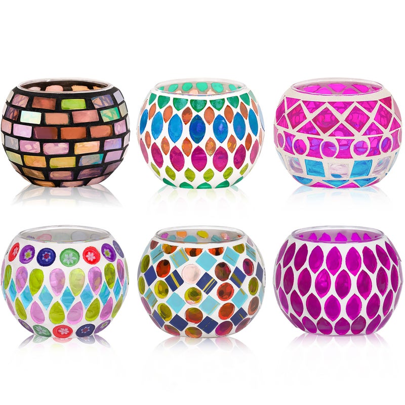 Toptime 6pcs Votive Candle Holders Mosaic Tealight Holder Stained Glass Tea Light Colorful Handmade Candle Jars Aromatherapy Candle Lamp for Christmas Wedding Birthday Table Centerpiece Decor
