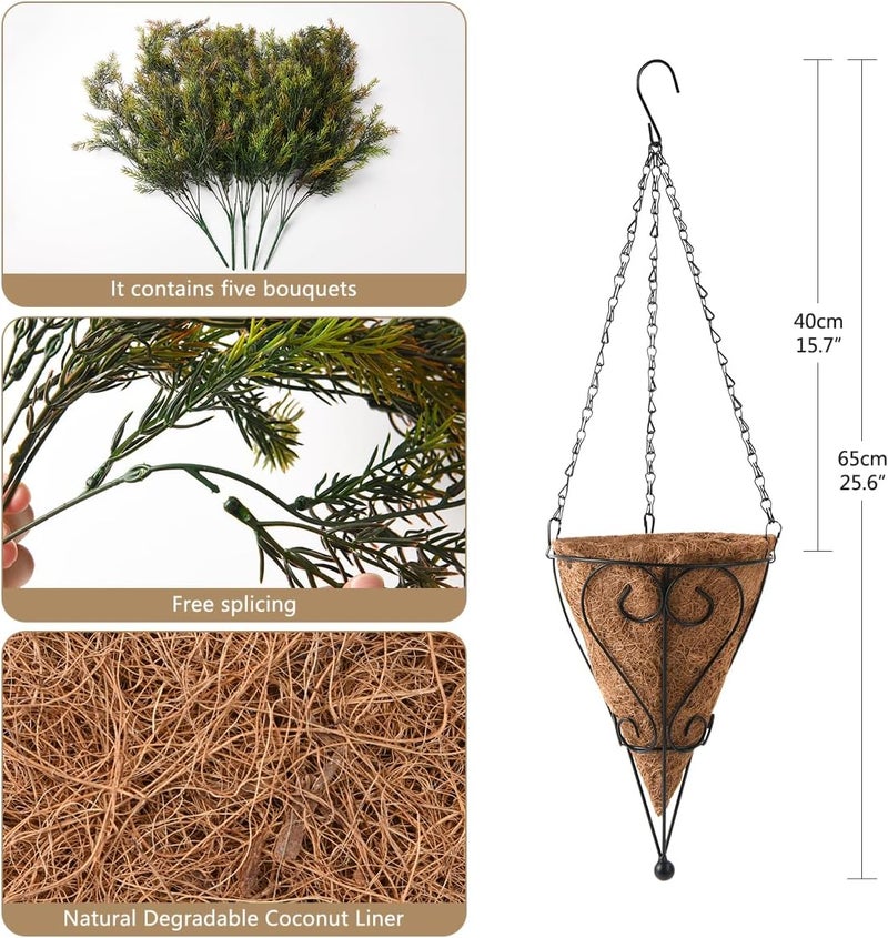 ZFProcess Artificial Hanging Plants in Basket Fake Hanging Curly Seaweed Ferns Plant with Coconut Lining Chain Palm Flowerpot Hanging Plant Outdoor UV Resistant Plastic Plants(Brownish Green) - Image 1