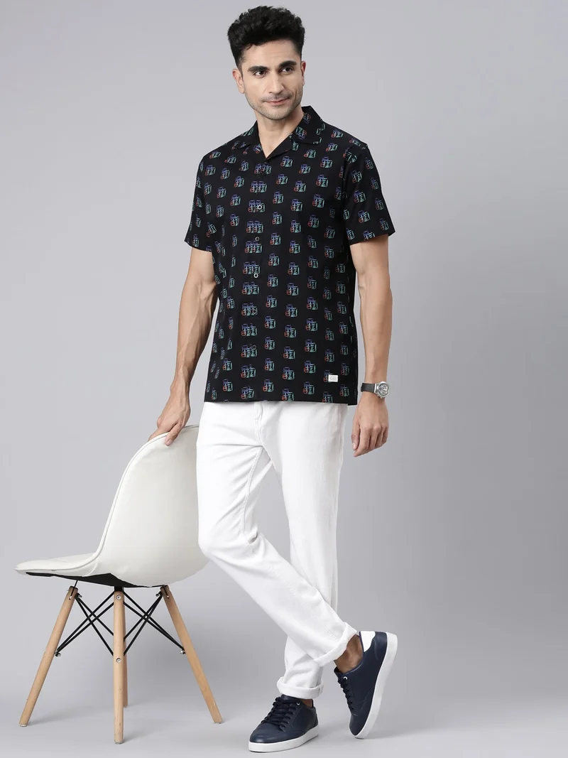 Joven  Black Printed Camp Collar Casual Shirt for Men for Men | Best Price UAE