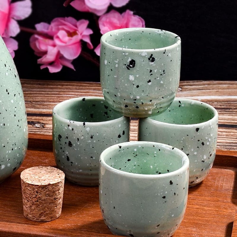 LMRLCS Large Sake 5-Piece Set, Durable Japanese Sake Ceramic Set Featuring 1 Sake Bottle and 4 Sake Cups (Large Green) - Image 5