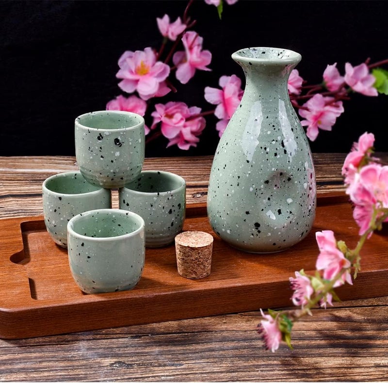 LMRLCS Large Sake 5-Piece Set, Durable Japanese Sake Ceramic Set Featuring 1 Sake Bottle and 4 Sake Cups (Large Green) - Image 3