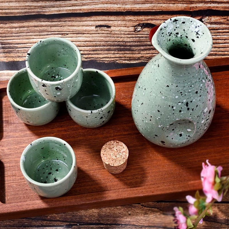 LMRLCS Large Sake 5-Piece Set, Durable Japanese Sake Ceramic Set Featuring 1 Sake Bottle and 4 Sake Cups (Large Green) - Image 4