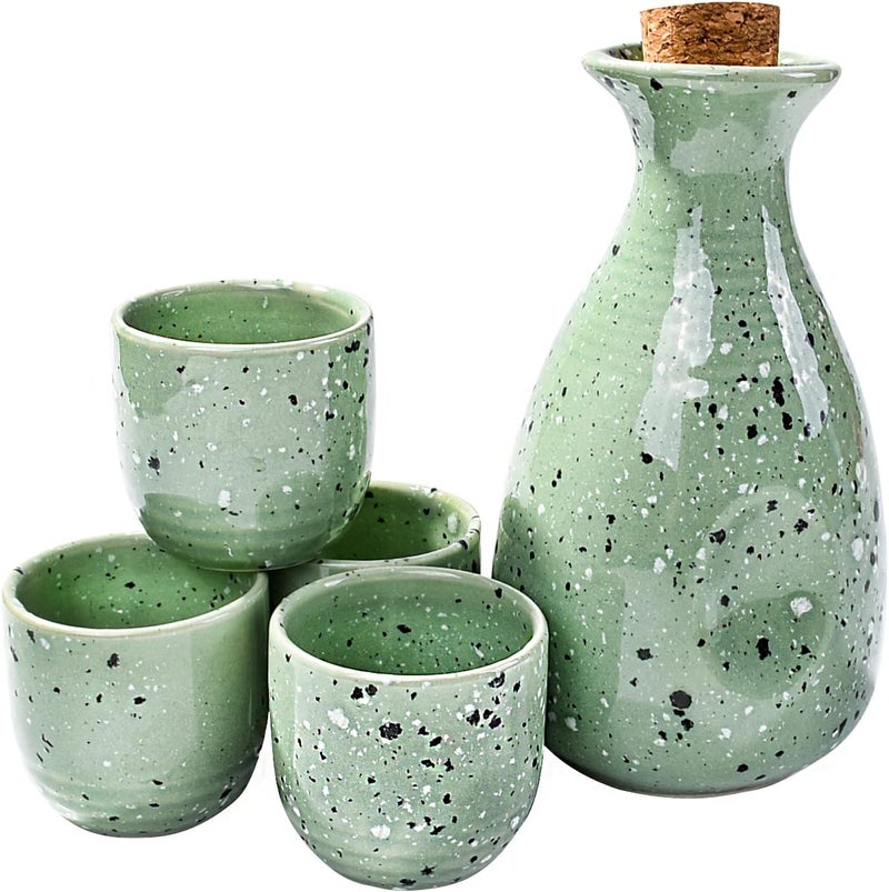 LMRLCS Large Sake 5-Piece Set, Durable Japanese Sake Ceramic Set Featuring 1 Sake Bottle and 4 Sake Cups (Large Green) - Image 1